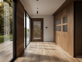 Modern Interior Hallway with Wooden Walls and a Glass Door