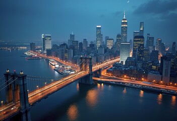 Fototapeta premium A nighttime aerial view of a large, densely populated city with many high-rise buildings, bridges, and waterways