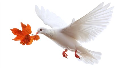 Obraz premium Flying white dove with leaf in its beak isolated on white background 