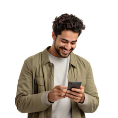 Smiling man using smartphone for texting and online interaction, capturing casual and joyful digital communication PNG Icon on transparent background 