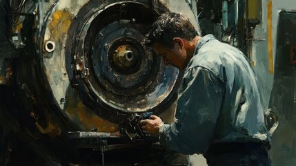 A Man Working on a Large Industrial Machine