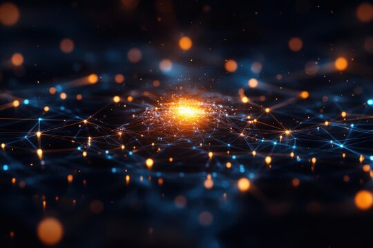 A network graph features a radial axis and node distribution, set against a futuristic sci-fi theme.