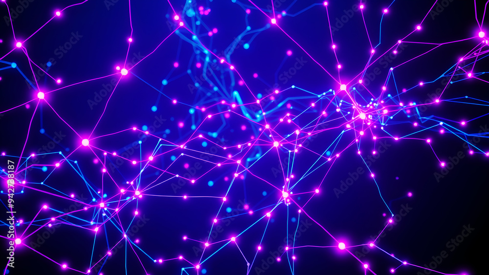 Wall mural a digital network of interconnected nodes and lines glowing in a dark blue background