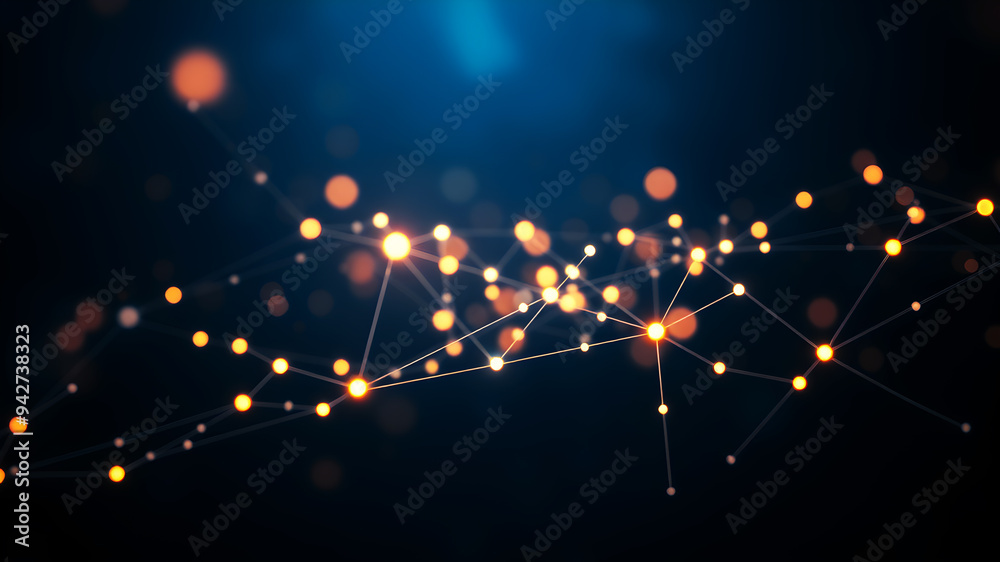 Wall mural a digital network of interconnected nodes and lines glowing in a dark blue background