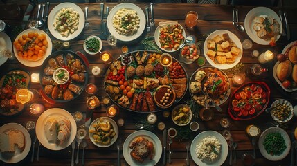 Fototapeta premium Full table of delicious dinner party table European food