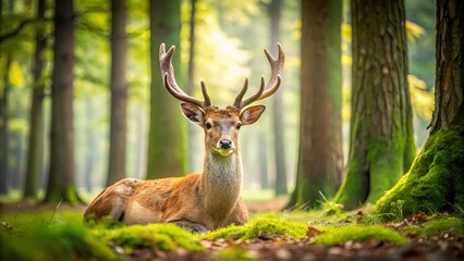 A beautiful of a deer peacefully resting in a serene forest setting