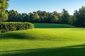 Landscape green lawn on the morning with Blue sky on the background. smooth lawn with curve form of bush, trees on the background under morning sunlight , ai