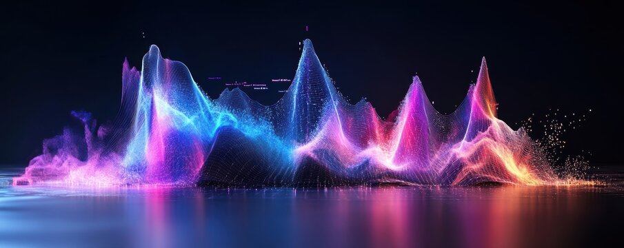 A waterfall graph illustrates cascading data distribution with a grid axis and cool-tone colors.