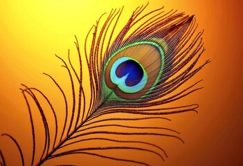 Obraz premium A close-up of a vibrant peacock feather against an orange and yellow background, showcasing the intricate patterns and iridescent colors of the feather