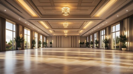 Elegant Empty Event Hall with Expansive Floor Plan, High-End Ceiling Fixtures, and Sophisticated Decor