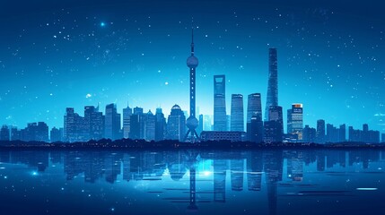 Deep blue background with silhouettes of Shanghai's landmarks, prominently featuring the Oriental Pearl Tower, evoking the city's unique essence.