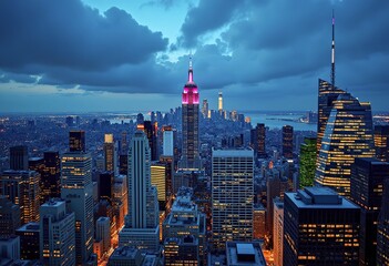 Obraz premium A nighttime cityscape of a large metropolitan area with skyscrapers and high-rise buildings illuminated against a dark blue sky