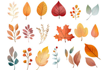 Fototapeta premium Watercolor autumn yellow leaves and plants collection isolated on white background