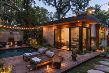 Obraz premium Modern outdoor patio with wooden deck, lounge chairs, planters, and string lights, creating a cozy evening atmosphere.