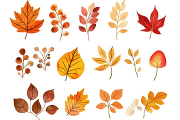 Fototapeta premium Watercolor autumn yellow leaves and plants collection isolated on white background