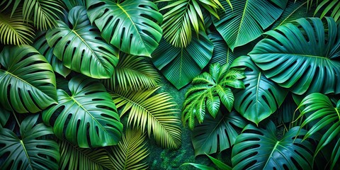 Vibrant and textured background of lush green monstera and palm leaves in a tropical exotic setting