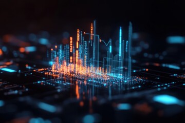 An interactive 3D graph features rotating axes and pulsating data distribution, set within a tech-themed design.