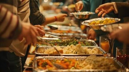 People serving themselves food at a buffet.