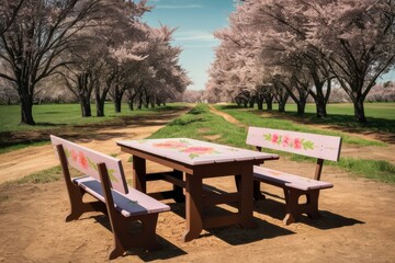 Obraz premium A Tranquil Outdoor Dining Setup Among Blooming Cherry Blossom Trees on a Sunny Spring Day. Generative AI