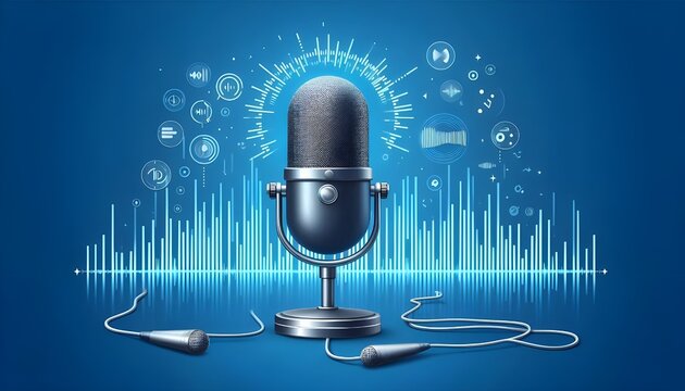 microphone with waveform on blue background, podcast banner concept
