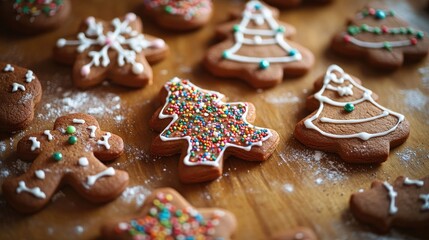 Colorfully decorated gingerbread cookies are arranged on a wooden table, showcasing festive designs like snowflakes and Christmas trees amidst a sprinkle of flour