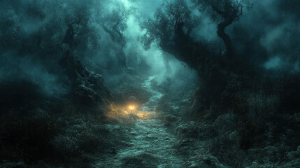 Obraz premium A dark forest path illuminated by a single, eerie light, with shadows of creatures lurking in the fog, perfect for a Halloween setting.