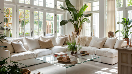 Bright living room with a large sectional sofa, glass coffee table, and indoor plants