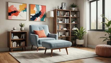 Cozy living room with a blue armchair, an ottoman, a rug, and bookshelves filled with books.