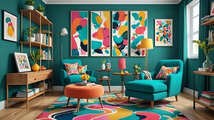 Teal living room with colorful abstract art, teal armchairs, and a rug with colorful swirls.