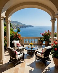 Fototapeta premium Patio overlooking ocean with columns, wicker chairs and flowers.