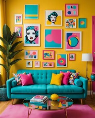 A vibrant living room with a teal sofa, pink rug, yellow walls and colorful artwork.