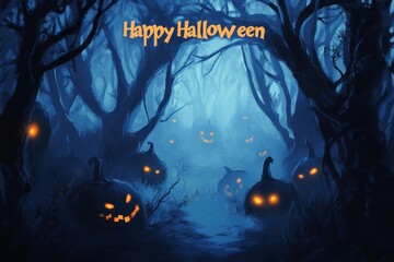 Spooky Forest Collage: Images of a dark, foggy forest with glowing eyes peering from the trees. The text "Happy Halloween" in a spooky, forest-themed font at the top