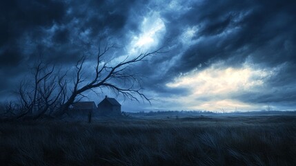 Trees violently bent and broken, homes barely standing, the sky filled with swirling clouds, digital painting, dark and moody palette, dynamic brushstrokes, atmospheric perspective.
