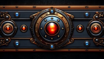 Ornate Metallic Panel with Red and Blue Gems