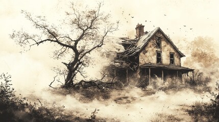 Vintage illustration of a dilapidated house crushed by a fallen tree, shattered windows and a collapsed roof, surrounded by fog, Ink and Watercolor, Sepia tones, Atmospheric.