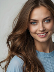 Naklejka premium Portrait of young attractive woman on white gray background. young woman with beautiful long hair and blue eyes. Beauty shot of woman with smile face.