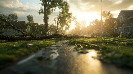 Wide-angle view of a hurricane-stricken neighborhood, fallen trees interspersed with destroyed buildings, soft natural lighting, Digital illustration, Warm earth tones.