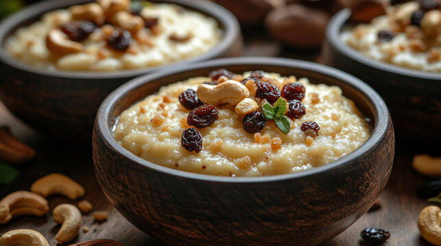 A dish of sheera (semolina pudding) garnished with raisins and cashews, offering a sweet start to the morning.