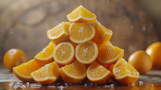 A vibrant close-up of a pyramid-shaped arrangement of juicy oranges, highlighting their bright color, smooth texture, and fresh, zesty appeal in a neatly stacked display.  
