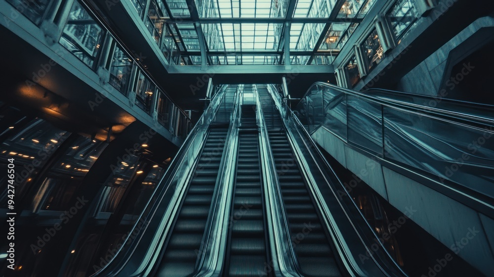 Poster two escalators leading upward in a modern building