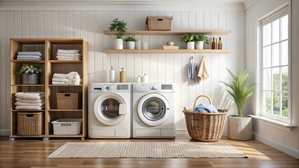 Cozy laundry room with dresser, softeners, powder, towels, washing machine, wicker basket, and dryer