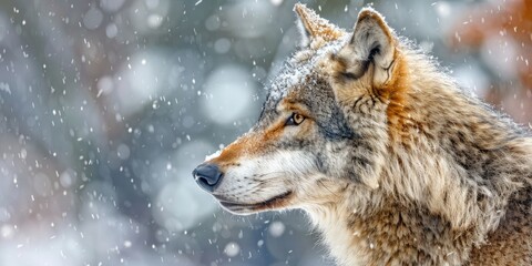 Obraz premium Gray Wolf Observing to the Left in a Winter Captive Setting