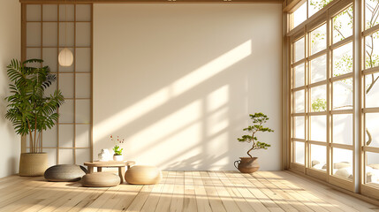 A minimalist Japanese-style living room with a wooden floor, a large window, and a potted bonsai tree. The room is decorated with natural elements and has a calming and serene atmosphere.