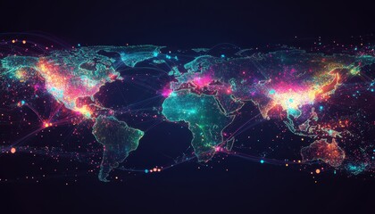 Glowing World Map at Night with Bright City Lights