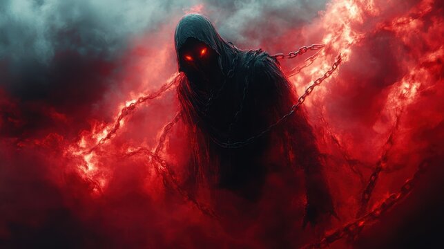 Malevolent Presence - Sinister creature with glowing red eyes, chains amidst red smoke, eerie light, and mouthless shadowy figure in a dark setting.