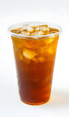 Cold tea drink in plastic cup isolated on white background