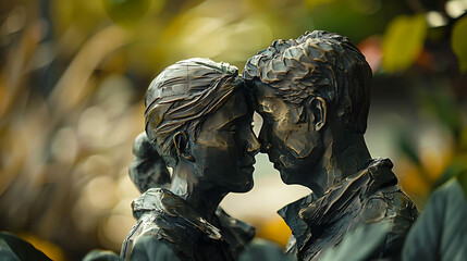 A meticulously crafted statue depicting two figures standing face to face, capturing intricate details, expressive poses, and emotional intensity in a powerful, lifelike sculpture.  
