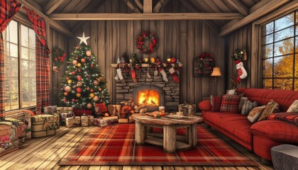 Cozy Christmas Cabin by the Fireplace in Winter Wonderland