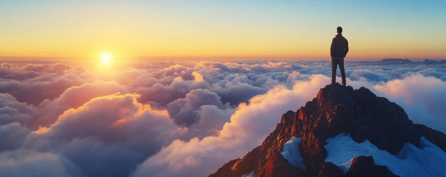 A silhouette of a person on a mountain peak at sunrise, surrounded by vibrant clouds and breathtaking landscape views.