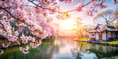 Serenity in bloom European elegance meets Japanese cherry blossoms in a tranquil setting